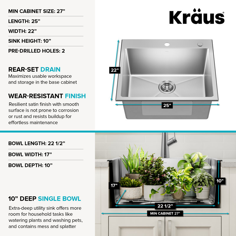 Évier de cuisine utilitaire à cuve unique KRAUS Fairlane 25 po à encastrer ou à monter sur le dessus, en acier inoxydable de calibre 18