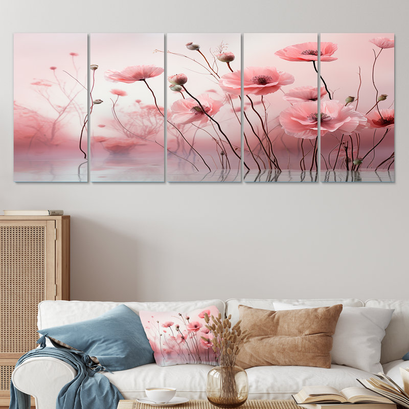 «Pink Dawn S Blush Pink Poppies Awakening - Coquelicots», art mural 5 pièces, H 32 po x l 80 po
