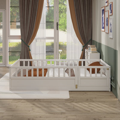 Montessori Wooden Floor Bed with High Security Barrier, Door, Kids Floor Bed Frame, Integral Construction