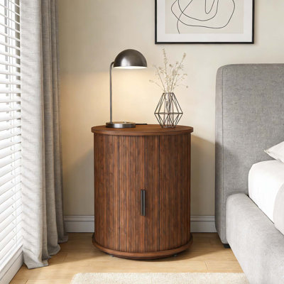Modern Cylinder Nightstand with Built-in Charging Station and Sliding Door