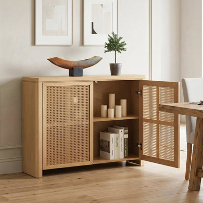 Buffet moderne en rotin de 39,4 po avec portes escamotables, 2 trous de sortie, armoire de rangement rétro pour entrée, couloir, salon, cuisine, salle à manger, facile à assembler