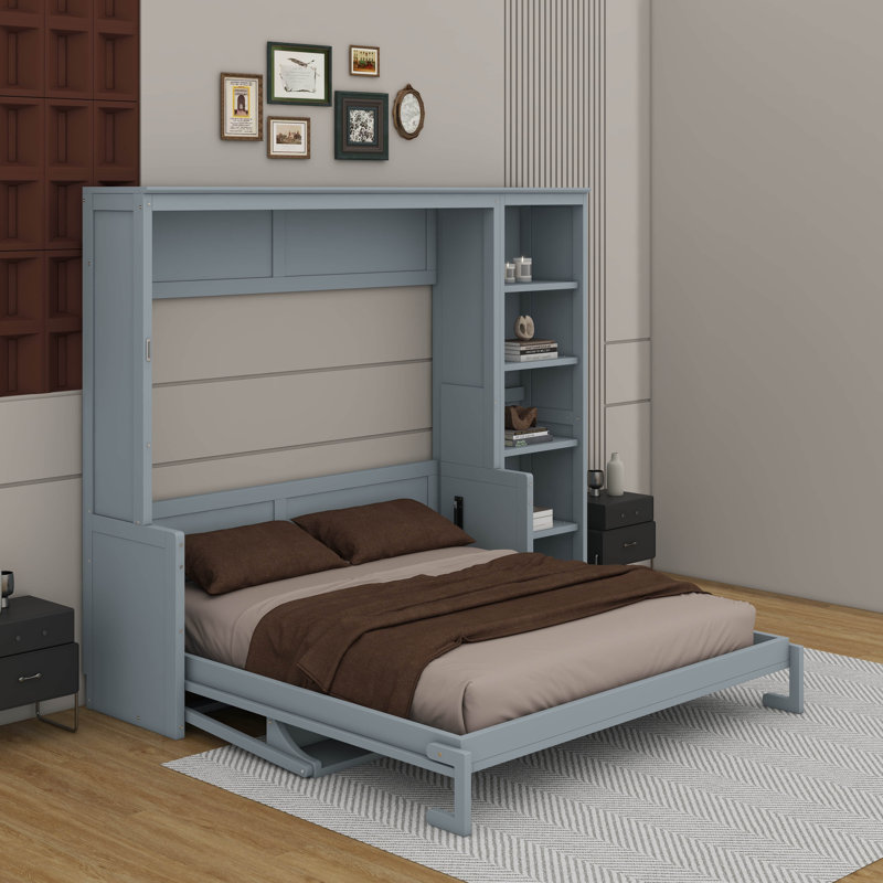 Grand lit escamotable avec bureau et bibliothèque, Gris, Grand lit