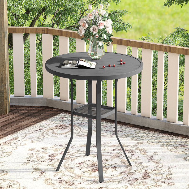 Tieshia Round Metal Outdoor Bar Table With Umbrella Hole , 35.4'' in. W 35.4'' in. D, Gray
