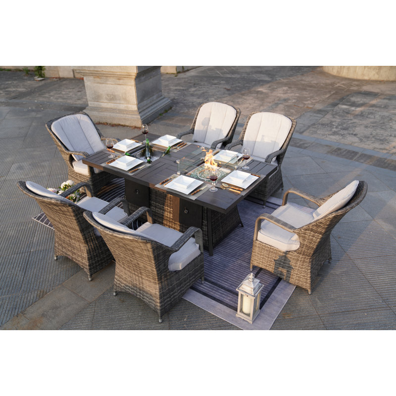Moda 70 In. X 39 In. X 27 In. Rectangular Wicker Outdoor Gas Fire Pits Table With 6-Chairs1, Grey