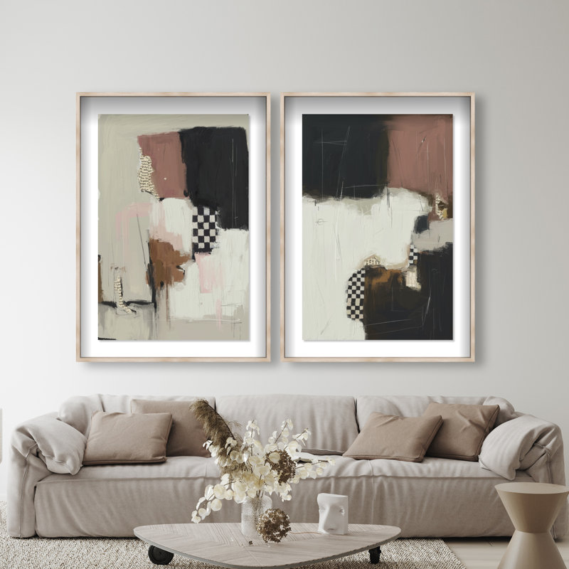 Longing Set Shadowbox Abstract Print by Oliver Gal, Black Frame, 10 x 15, 37"H x 55"W, Natural Oak Shadowbox