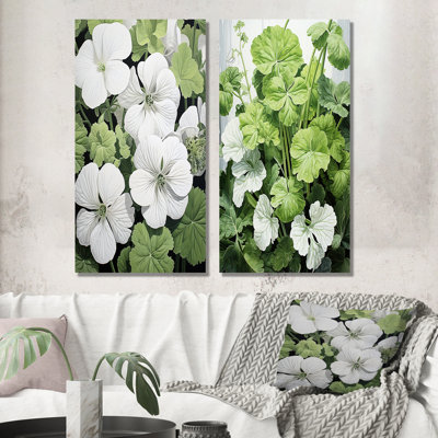Minimalisme blanc et vert géraniums - ensemble de 2 impressions sur toile géraniums