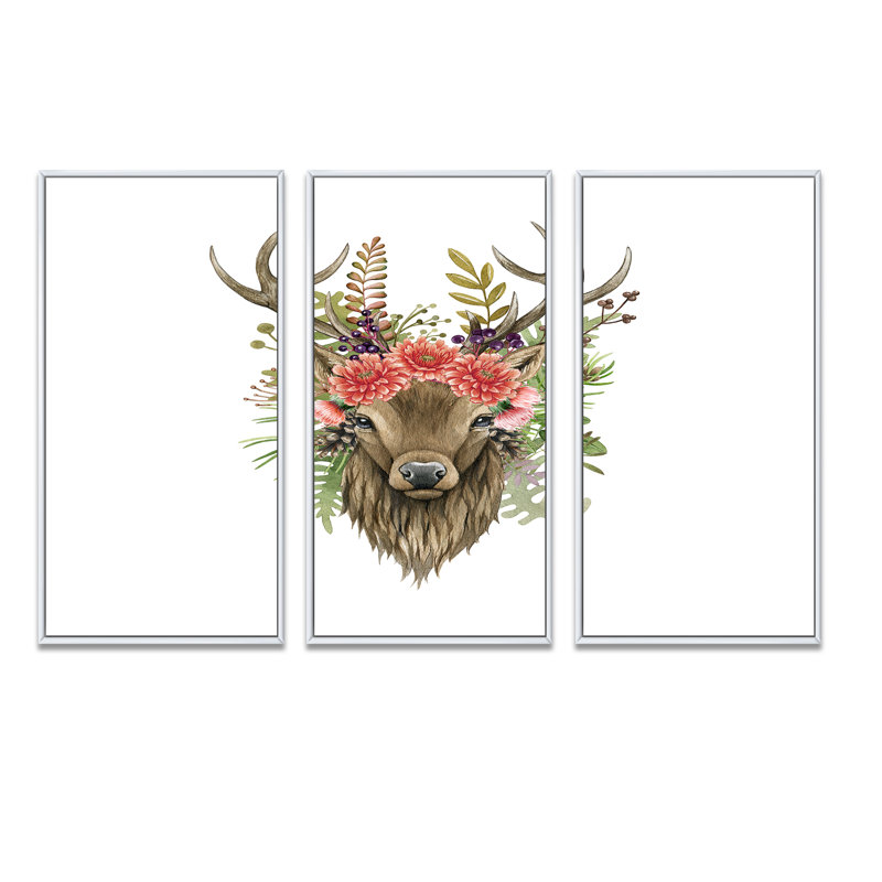 Portrait de cerf avec fleurs - ensemble d'art mural sur toile traditionnel encadré de 3, L 36 po x H 28 po x P 1 po, Blanc