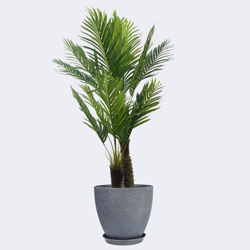 Palmier artificiel de type C et pots ronds en résine avec plateau, Gris foncé, H 27,56 po x l 71,65 po x P 27,56 po