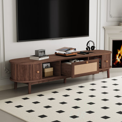 Meuble télé moderne pour téléviseur de 75 po, console média brun foncé avec tiroir en rotin, 66,9 po x 15,6 po x 15,4 po