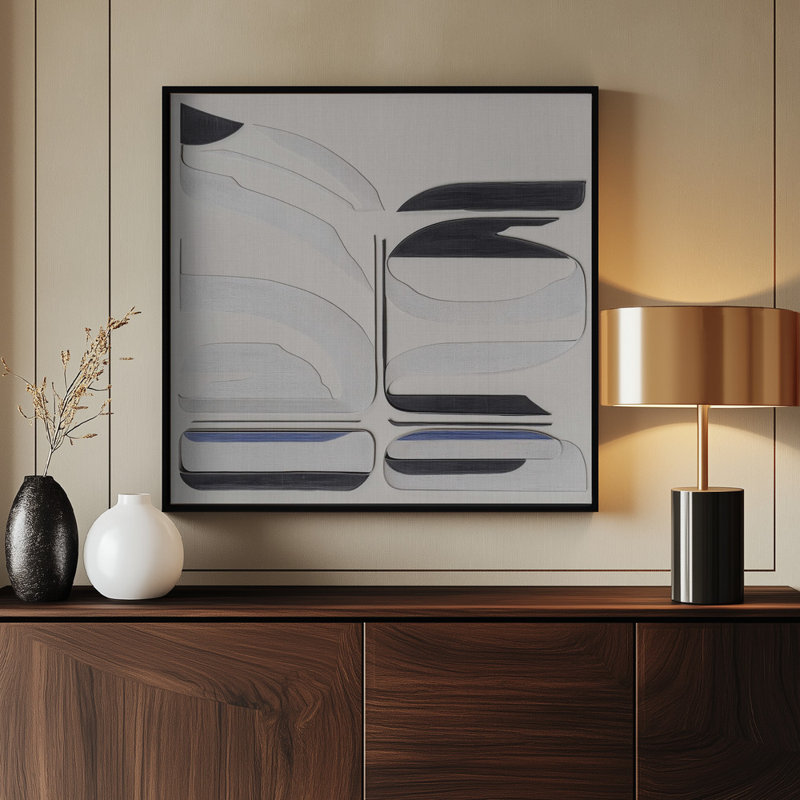  «Balance I» par Alma - art mural moderne abstrait noir et blanc avec des accents bleus | 20 po x 20 po | Cadre noir, Noir