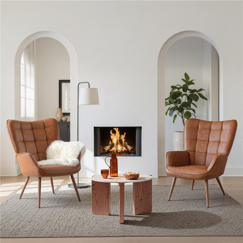 Upholstered Armchair and Side Chair, Retro Brown