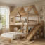 Lit superposé double au-dessus d'un lit double avec échelles et glissières, lit superposé au sol avec tablettes de rangement et garde-robe, conception de maisonnette naturelle-1703104110