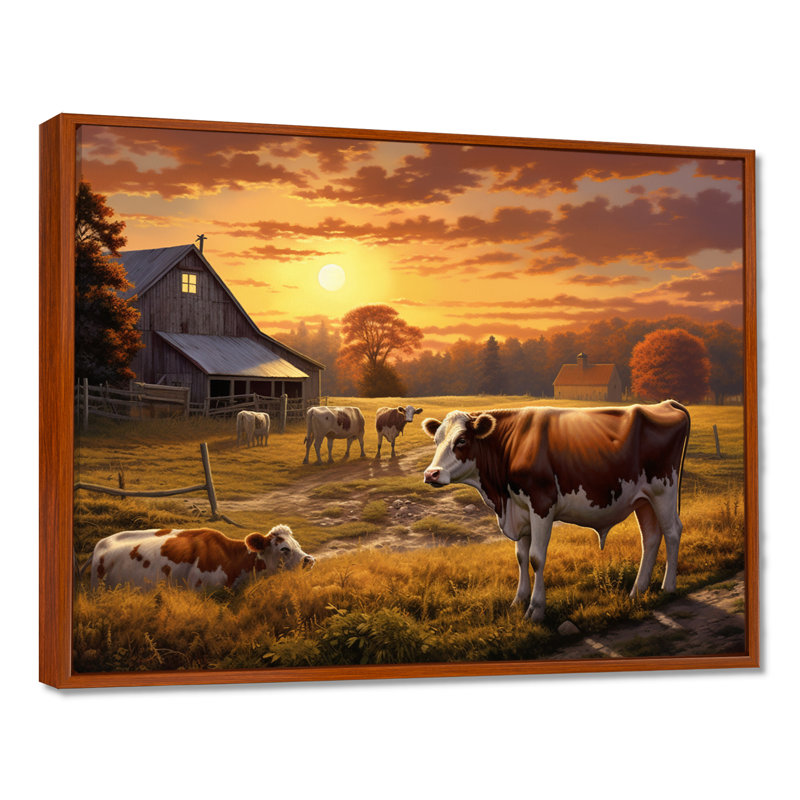 Vaches à la ferme, paysage III - vache, art mural, 30" H x 40" W, Cadre flottant brun