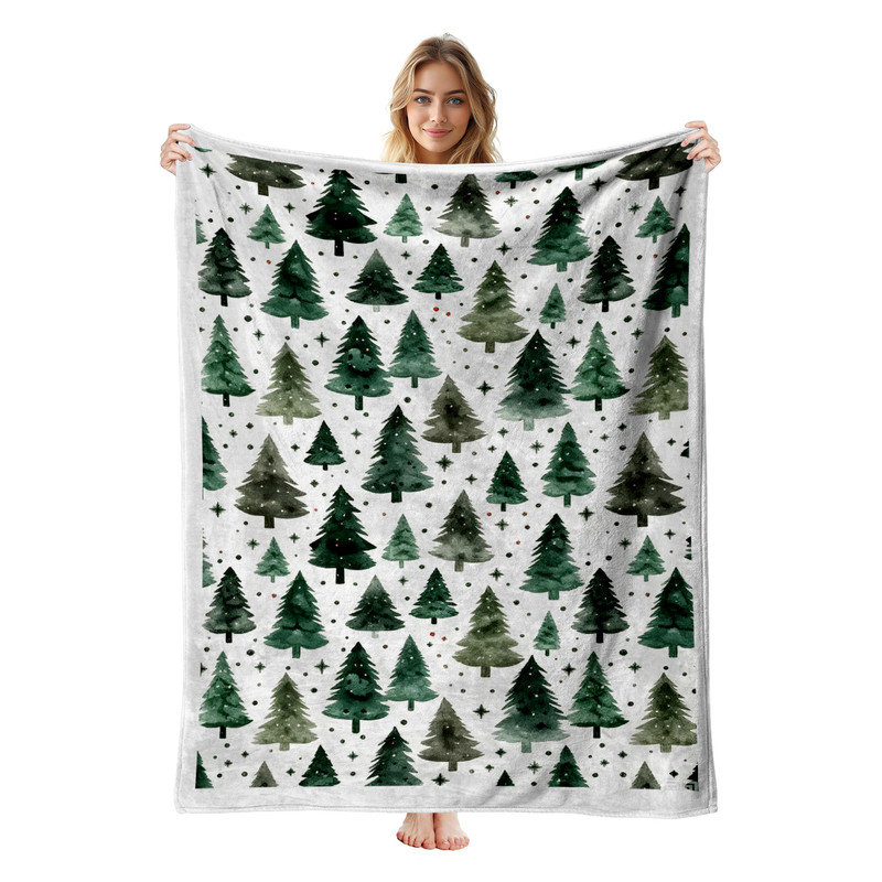 Couverture polaire en flanelle JYK pour lit simple, motif sapins aquarelle, légère, respirante, douce et chaude, en microfibre pelucheuse, 152 x 203 cm