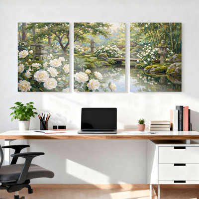 Roses blanches et jardin japonais, reproduction d'art sur toile tendue sur toile, ensemble de 3