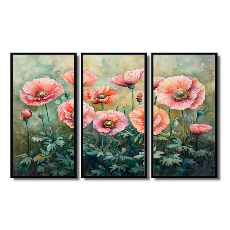 Printemps, coquelicots roses, horizon écarlate I - ensemble de 3 coquelicots, H 28 po x l 36 po, Noir