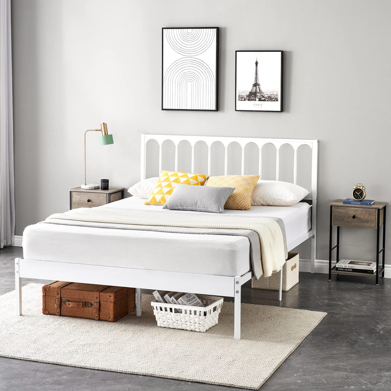 Sommier plateforme de lit en métal avec tête de lit, support en lattes d'acier robuste, Grand lit, White