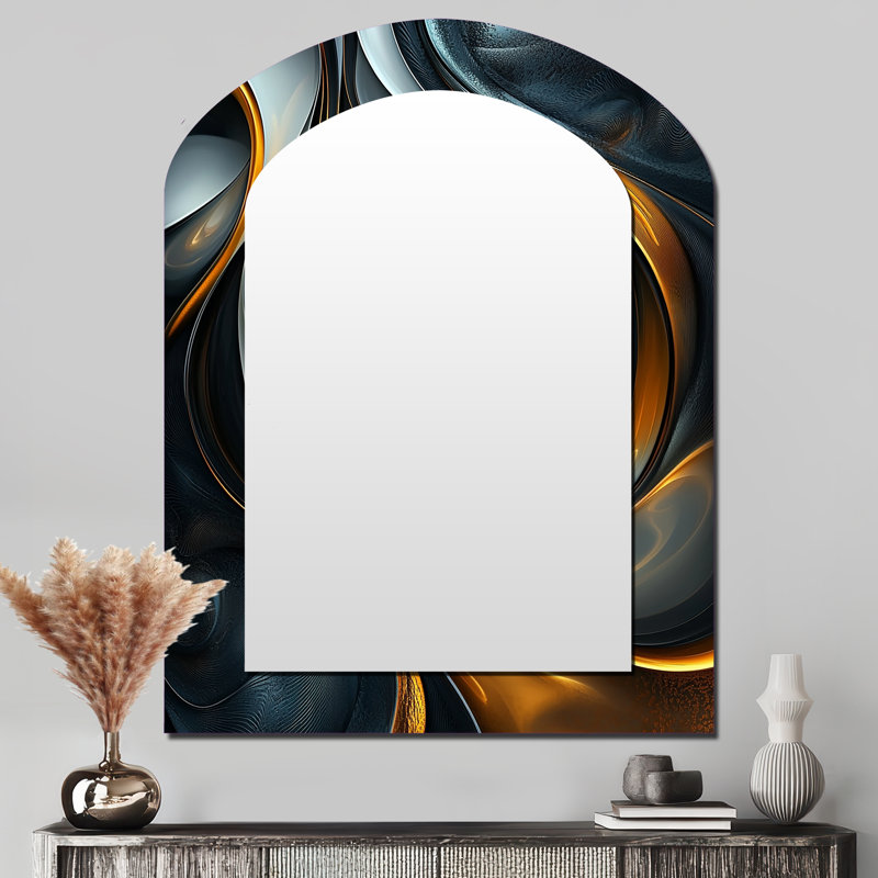Swirl Abstract In Gold And Black Tones I - Abstract Painting Irregular Shape Large Wall Mirror, Modern Asymmetrical Unique Mirror, Printed Metal Art