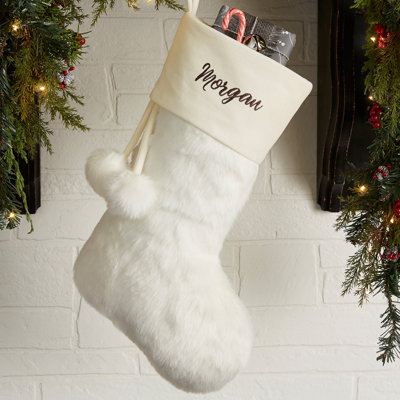Chaussette de Noël brodée en fausse fourrure ivoire