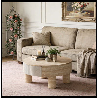 Table basse ronde à plateau rabattable avec compartiment de rangement dissimulé, parfaite pour le salon
