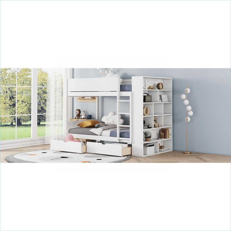 Lit superposé simple au-dessus d'un lit simple en bois massif, rangement intégré avec 2 tiroirs et armoire multicouche, blanc classique