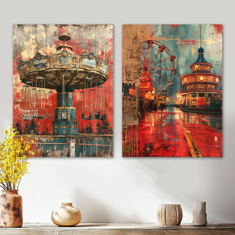 Carrousel rétro rouge et bleu, parcs d'attractions I - Carnaval, ensemble de 2 décorations murales en métal, 32" H x 48" W
