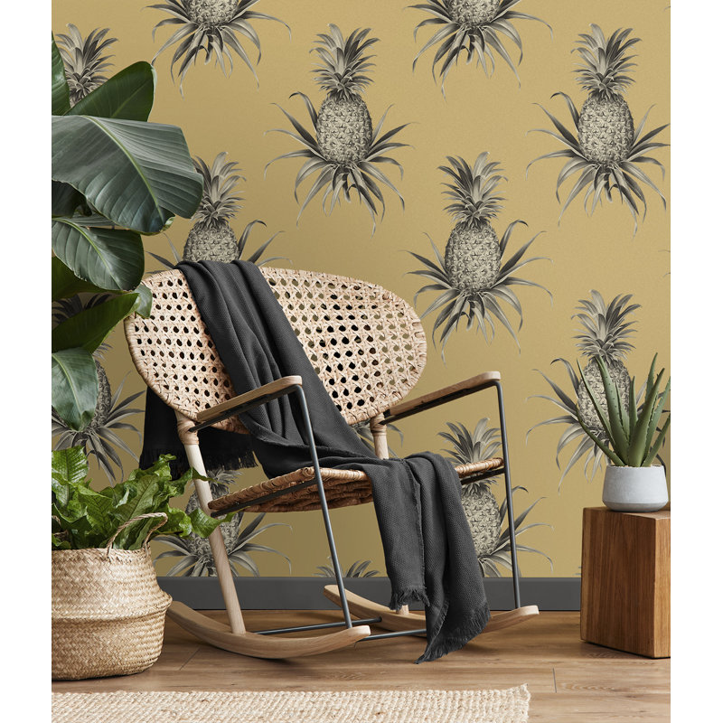 Papier peint floral Ailish, Seigle doré métallique / espresso