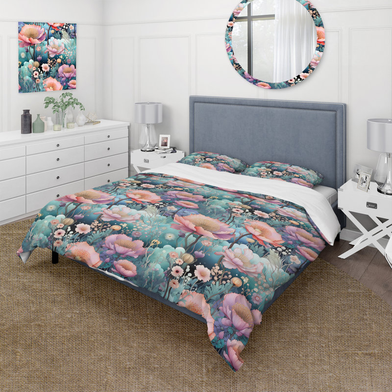Green and Pink Galactic Flowers Gardens - Ensemble de housse de couette floral - Polyester microfibre