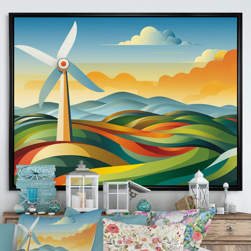 «Green Holland Windturbine Meadow Views I - Wind Turbines», art mural, Cadre flottant noir, H 16 po x l 32 po x P 1 po
