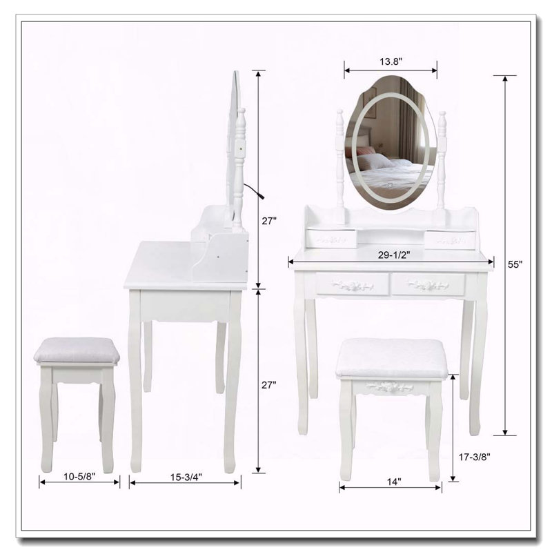 Ensemble de coiffeuse avec miroir à lumière rose, 4 tiroirs et tabouret Pink Princess, Blanc
