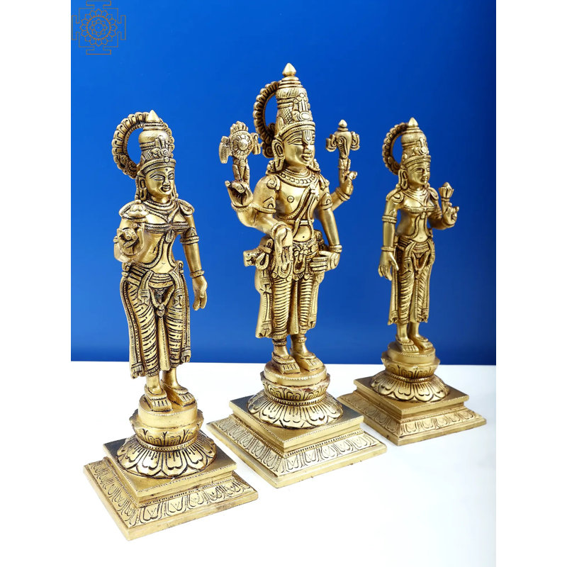 Statue 14 po Balaji en laiton avec Sridevi et Bhudevi - trio de divinités indiennes fabriquées à la main sur un piédestal orné pour une décoration spirituelle