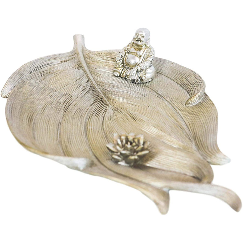 Anrea Bouddha riant assis sur une feuille d'arbre de Bodhi avec une figurine de fleur de lotus