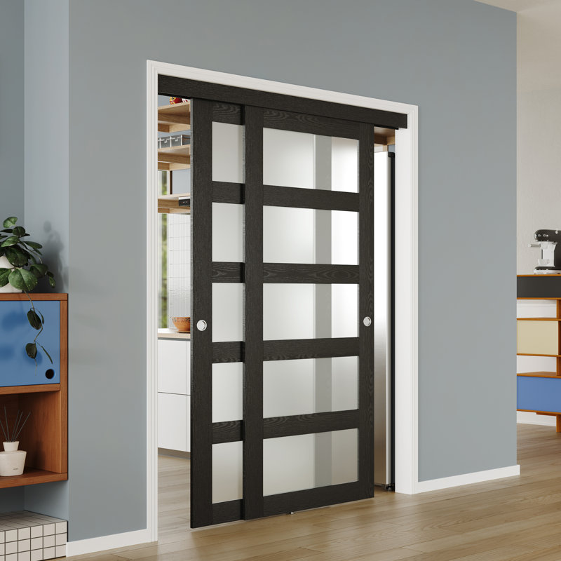 Porte coulissante - Porte intérieure en panneau de fibres à densité moyenne noire en verre givré 5 Lite avec poignées intégrées et quincaillerie coulissante en aluminium lisse