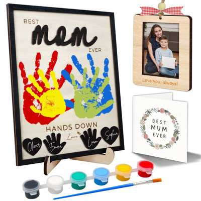 Best Mom Ever Handprint Sign, Family Handprint Kit Gift for Mother’s Day, 10x8in Wooden Frame with Paint HF90-M