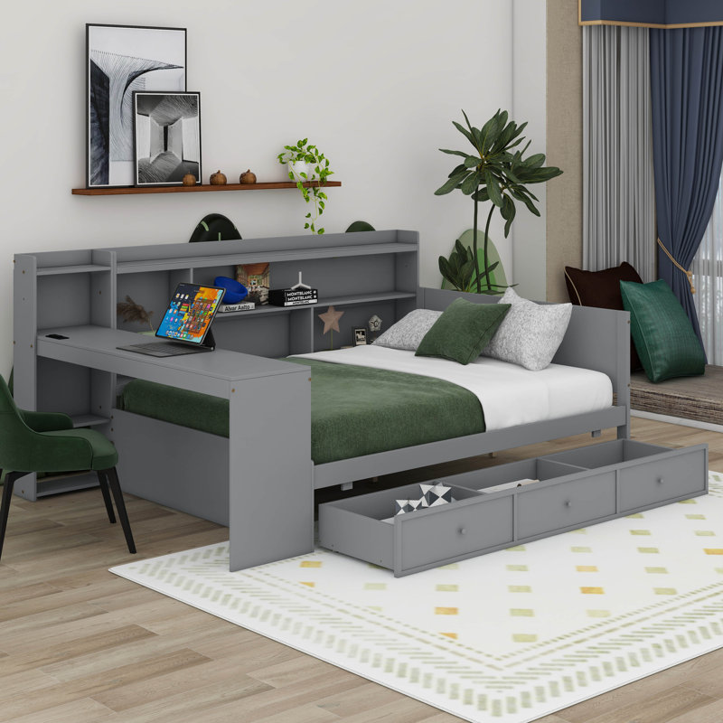 Wooden Daybed With 3 Drawers, USB Ports And Desk, Gray, Full