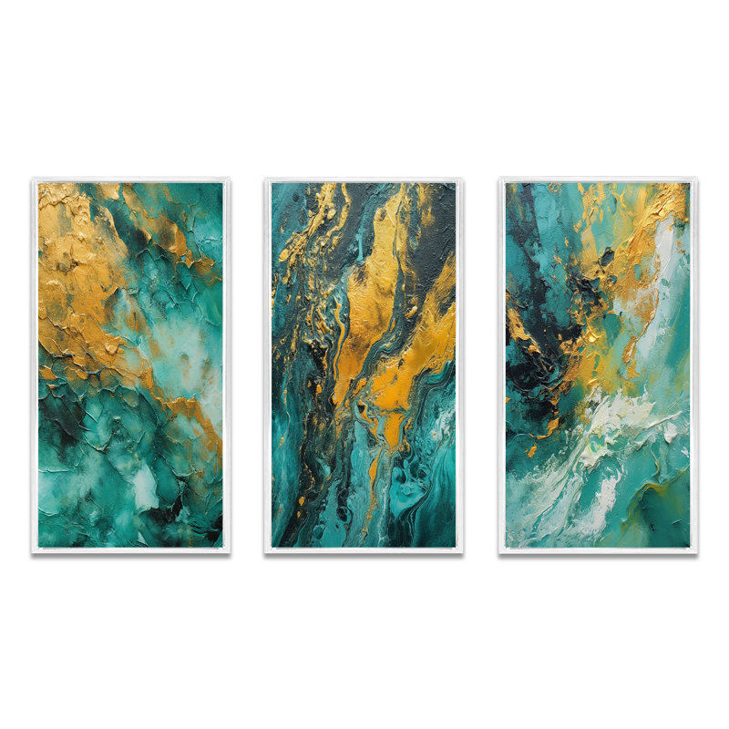 Golden Turquoise Waves Breaking Abstract - formes abstraites, ensemble de 3 pièces, H 40 po x l 60 po, Cadre flottant blanc