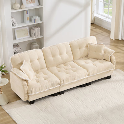 Chenille Cloud 3-Seater Sofa with 4 Pillows, Pom-Pom Trim Quilted Tufted Cushion Ergonomic Design, Easy Assembly Deep Seat Couch for Living Room Office, Apartment, Cream Beige