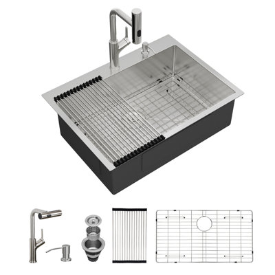 Évier de cuisine encastré en acier inoxydable de 33 po L x 22 po avec robinet de douchette extractible, évier simple avec crépine, distributeur de savon et grille d'évier