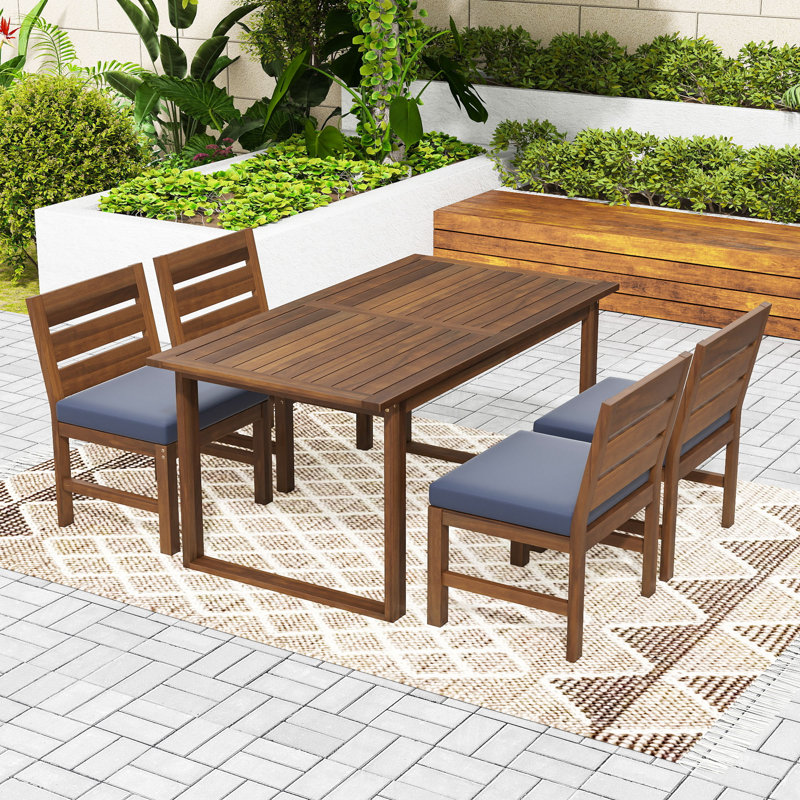 Ensemble de salle à manger 5 pièces en bois d'acacia avec table à lattes de patio, 4 chaises et coussins pour la cour ou le jardin