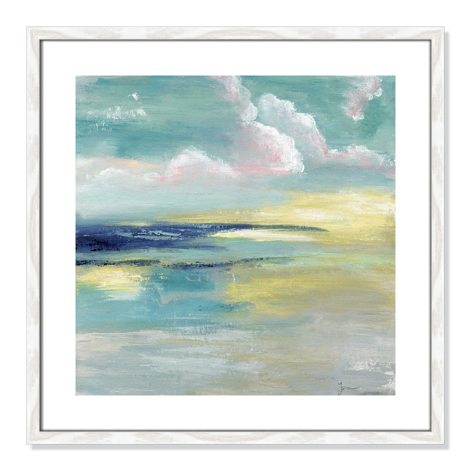 Bertie "Ocean View" Painting by Tava Studios, 24.75" H x 24.75" W x 0.75" D, White Wood Framed Paper
