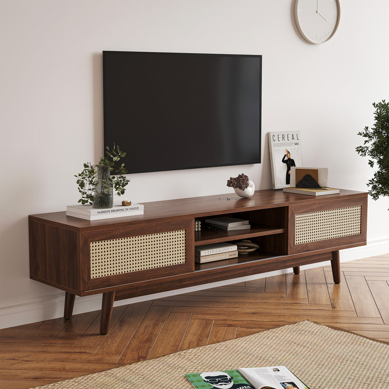 Mid Century Modern Tv Stand With Sliding Doors, Walnut, 60"
