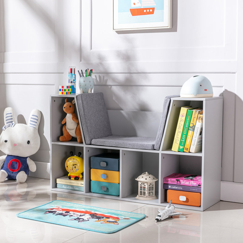 Bibliothèque pour 6 enfants avec coin lecture et coussin, rangement polyvalent pour chambre à coucher, Gray