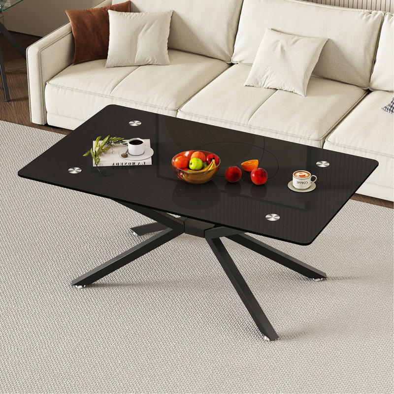 Table basse de 39,37 po rectangulaire en verre, design élégant avec pieds en métal noir, table basse pour le salon, Noir