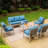 Vintage Wicker Outdoor Patio Furniture Set with Blue Cushions & Coffee Table