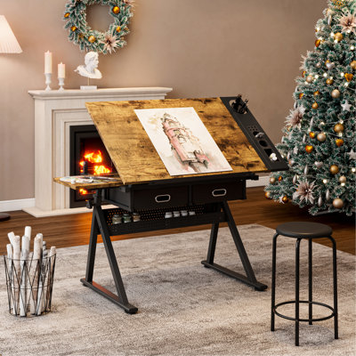 Adjustable Drawing Desk For Home And , Brown, Tiltable Tabletop 0-75, Two Large Non-woven Drawers, Metal Storage On Side, Leg Angles, 68-91cm Height, Stool Included Table Home,