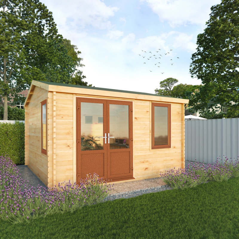 13ft x 13ft Home Office Elite Log Cabin With UPVC Windows & Doors (44mm), Oak/Natural Timber