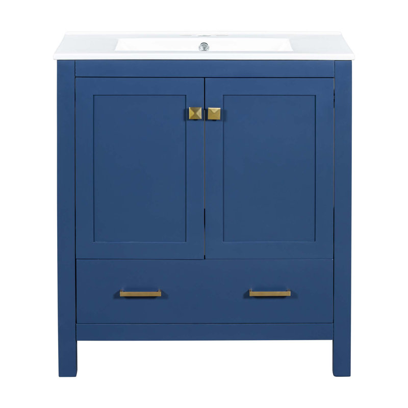 Meuble-lavabo avec lavabo simple, 2 portes à fermeture douce et 1 tiroir, Bleu, Or