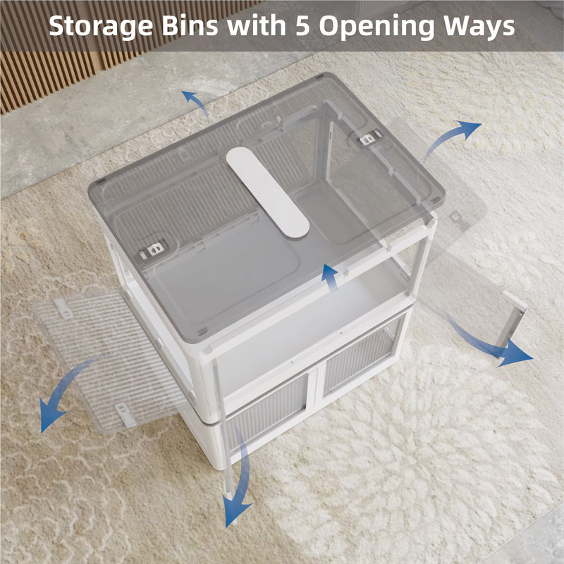 506QT 4-Pack Transparent Stackable Storage Bins with 5 Doors to Open with Wheels, Folding Plastic Craft Containers Large Closet Organizers Box for Bedrooms Living Rooms Study Kids' Toys, Whtite