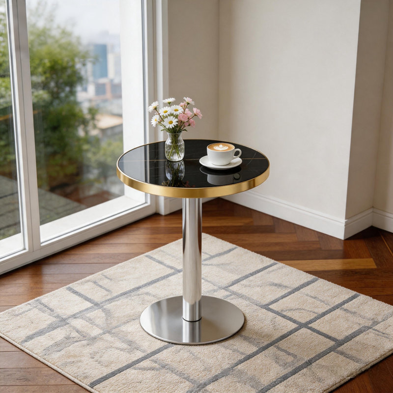 Table de bistro ronde à l'aspect marbré, bordure en acier inoxydable et piètement en métal