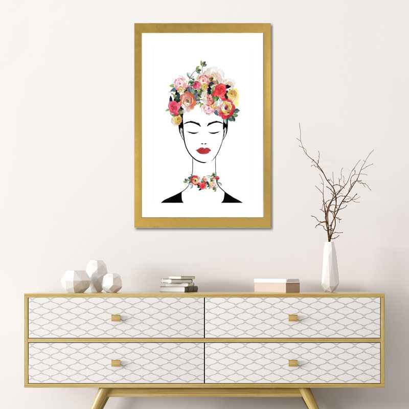 «Flower Crown Frida II» par Isabelle Z - impression d'art graphique, Blanc, H 24 po x l 16 po x P 1 po, Papier encadré doré